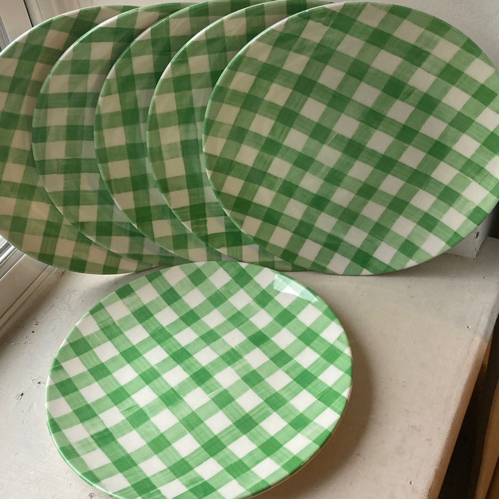 Set of 6 Green Gingham melamine Dinner Plates